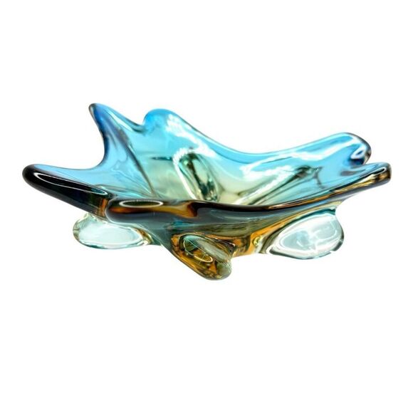 Mid-Century Murano Style Blue Amber Sommerso Art Glass Bowl Ashtray Centerpiece - Picture 1 of 7